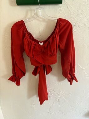 🌺 Red Tie-Front Puff Sleeve Crop Top - Womens